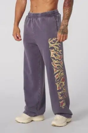 YOUNGLA American streetwear brand men's sports pants, gym and fitness loose straight print casual trousers