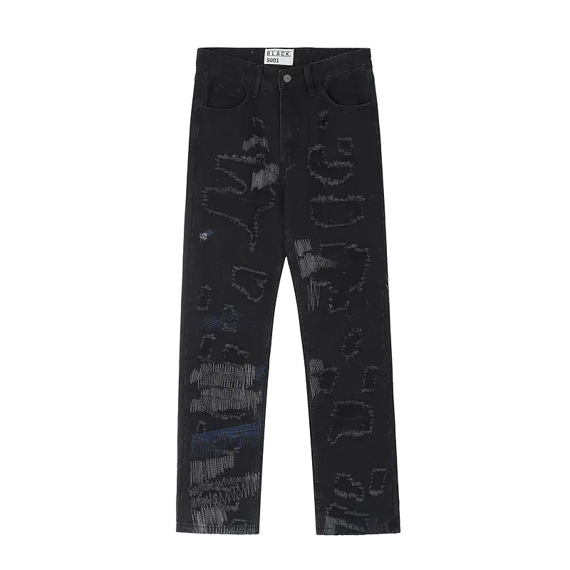 Casual Jeans with Embroidered Irregular Hole Patches