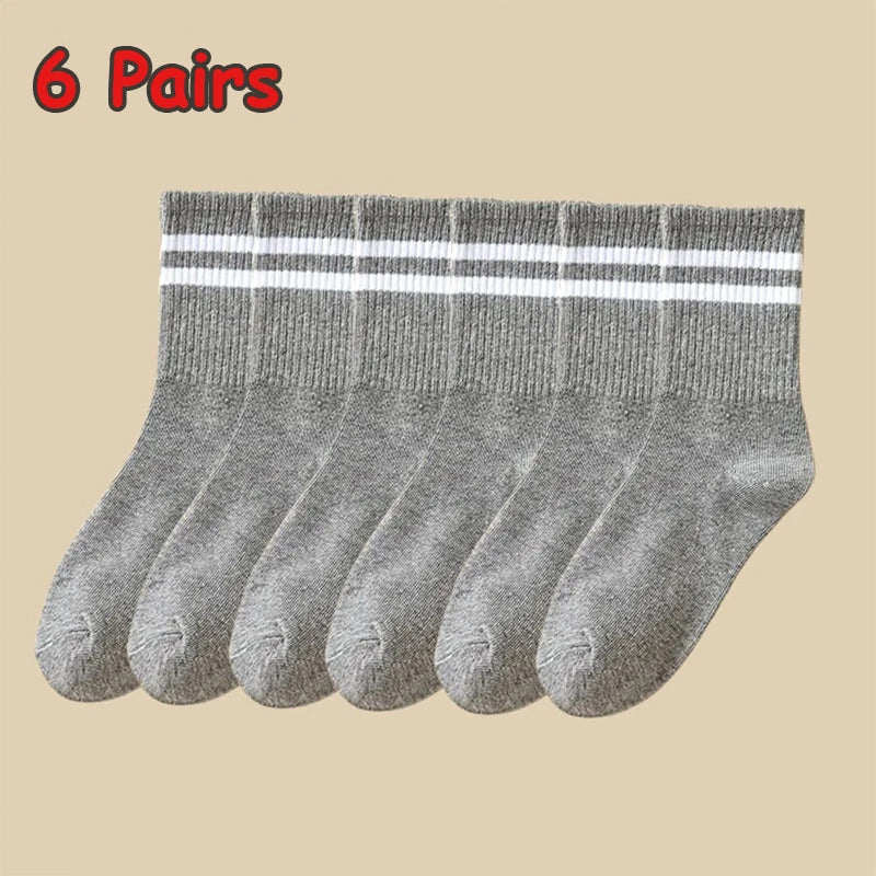 3/6 Pairs Women Sports Solid Socks Soft Comfortable Ventilate Versatile Mid Calf Socks Casual Stripe Splice Female Street Socks