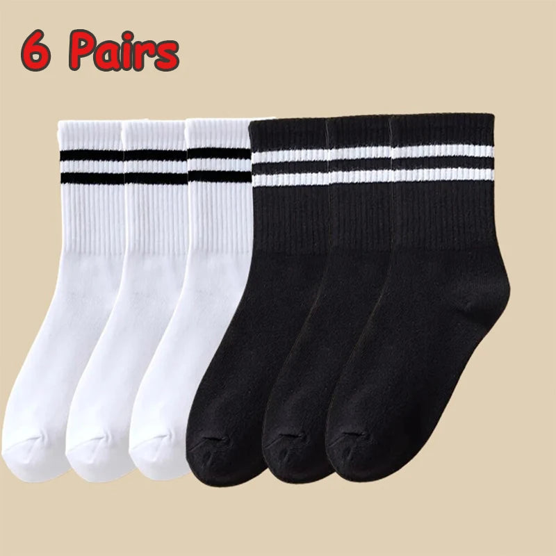 3/6 Pairs Women Sports Solid Socks Soft Comfortable Ventilate Versatile Mid Calf Socks Casual Stripe Splice Female Street Socks