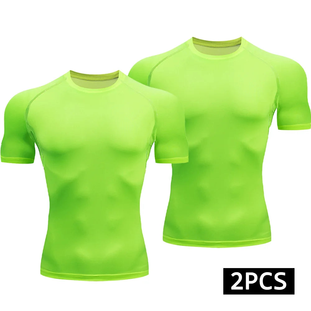 2-Piece Compression T Shirt Men Summer Sportswear Running T-shirt Elastic Quick Dry Sport Tops Athletic Gym Workout Shirts Men
