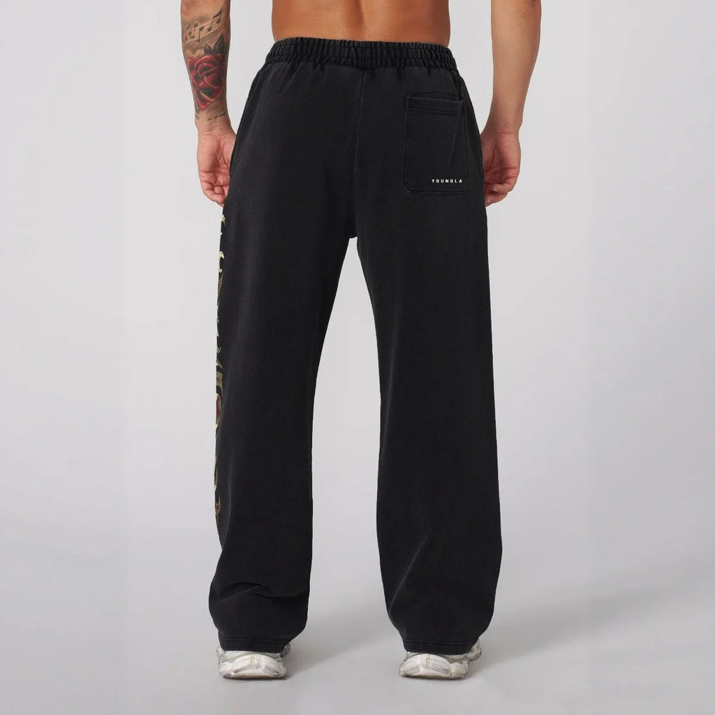 YOUNGLA American streetwear brand men's sports pants, gym and fitness loose straight print casual trousers