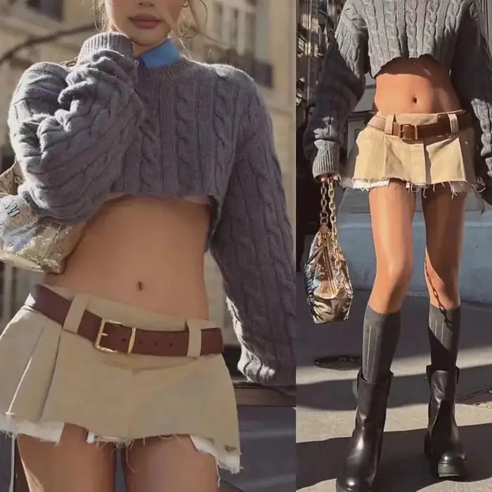 Fake Two-Piece Low-Waisted Pleated Skirt