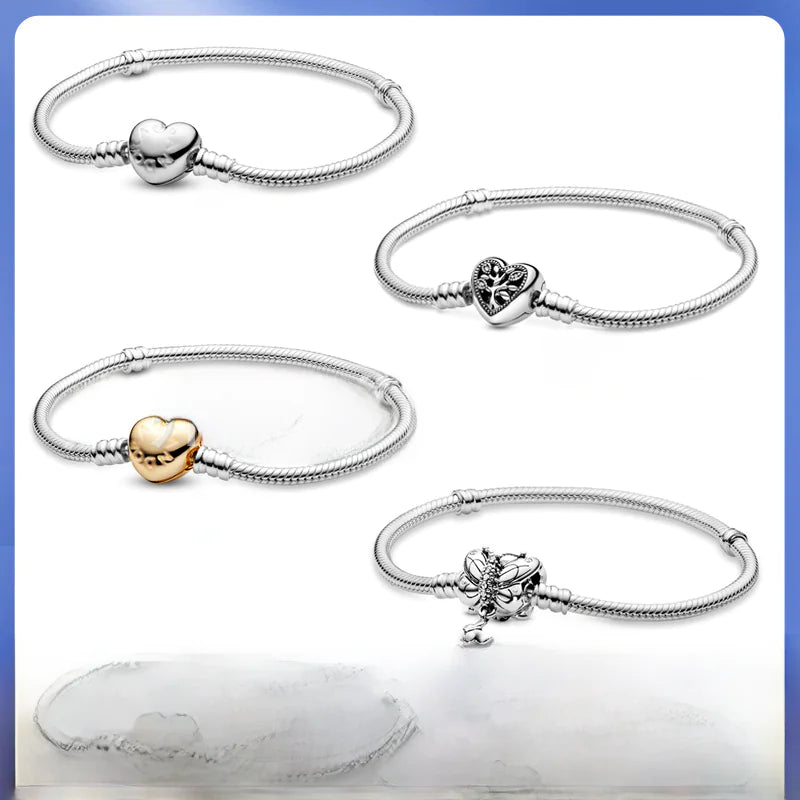 Pandora 925 Silver Rose Gold Heart Charm Bracelet DIY