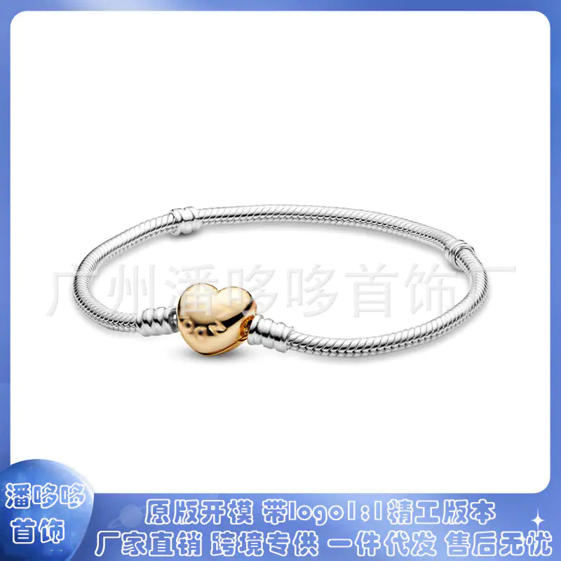 Pandora 925 Silver Rose Gold Heart Charm Bracelet DIY