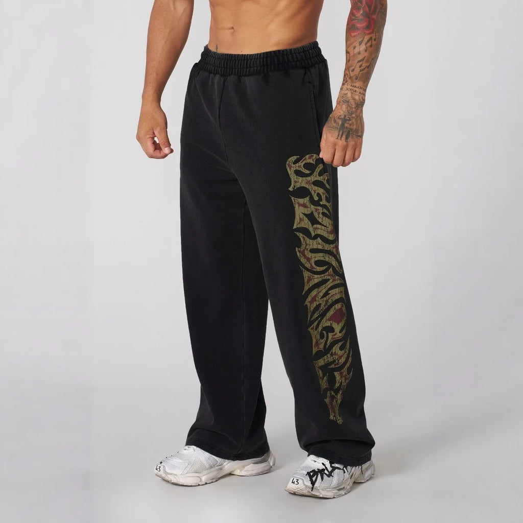 YOUNGLA American streetwear brand men's sports pants, gym and fitness loose straight print casual trousers