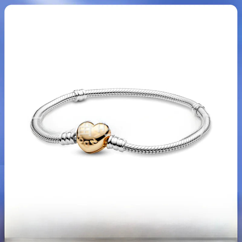 Pandora 925 Silver Rose Gold Heart Charm Bracelet DIY