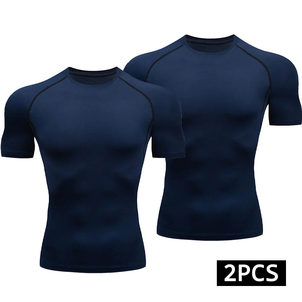 2-Piece Compression T Shirt Men Summer Sportswear Running T-shirt Elastic Quick Dry Sport Tops Athletic Gym Workout Shirts Men