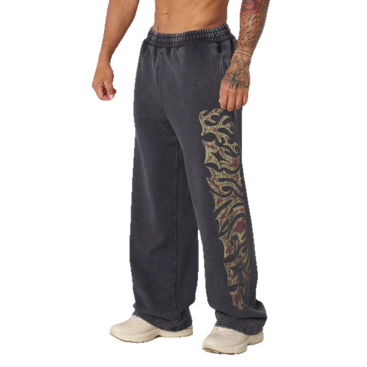 YOUNGLA American streetwear brand men's sports pants, gym and fitness loose straight print casual trousers