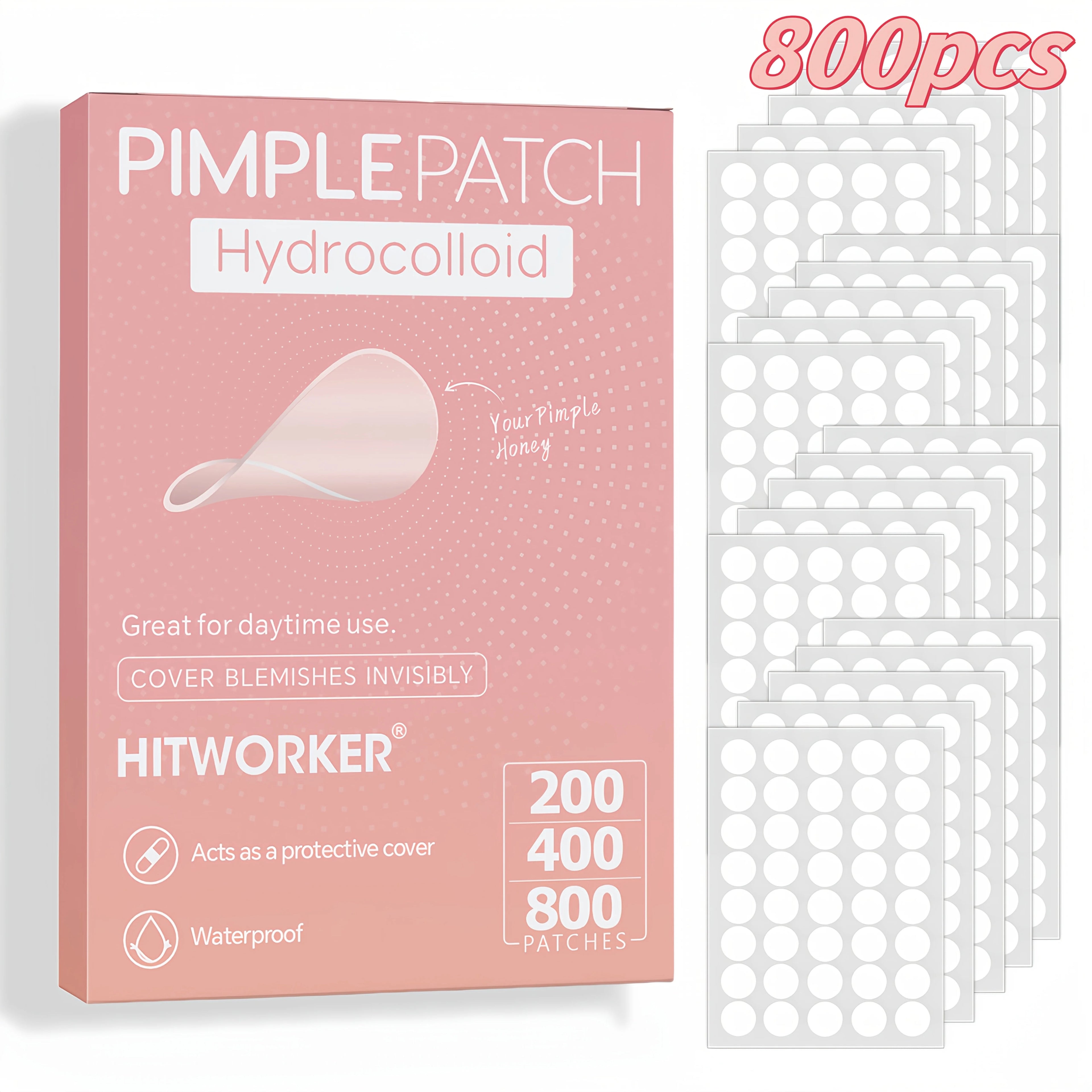 200/400/800-count packs of invisible acne patches. Covers pimples and blemishes. Gentle and non-irritating.