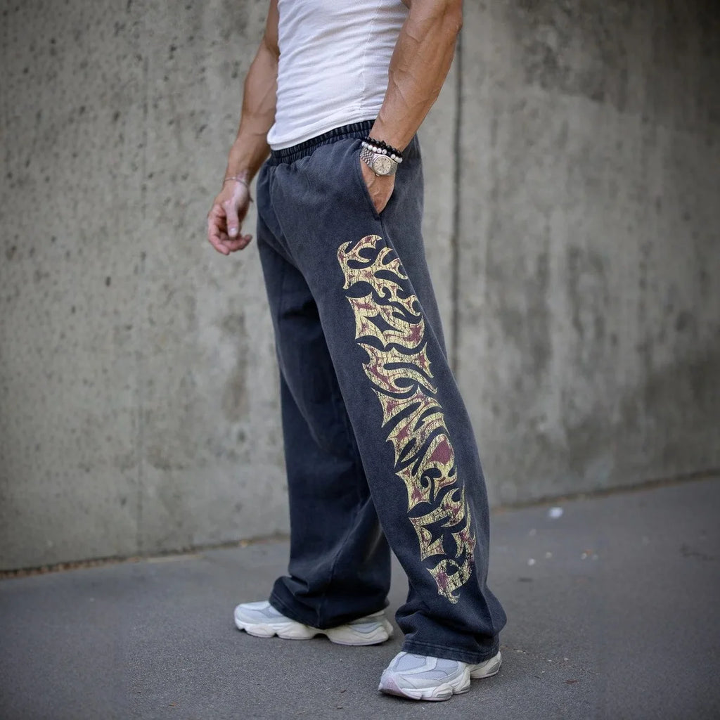 YOUNGLA American streetwear brand men's sports pants, gym and fitness loose straight print casual trousers