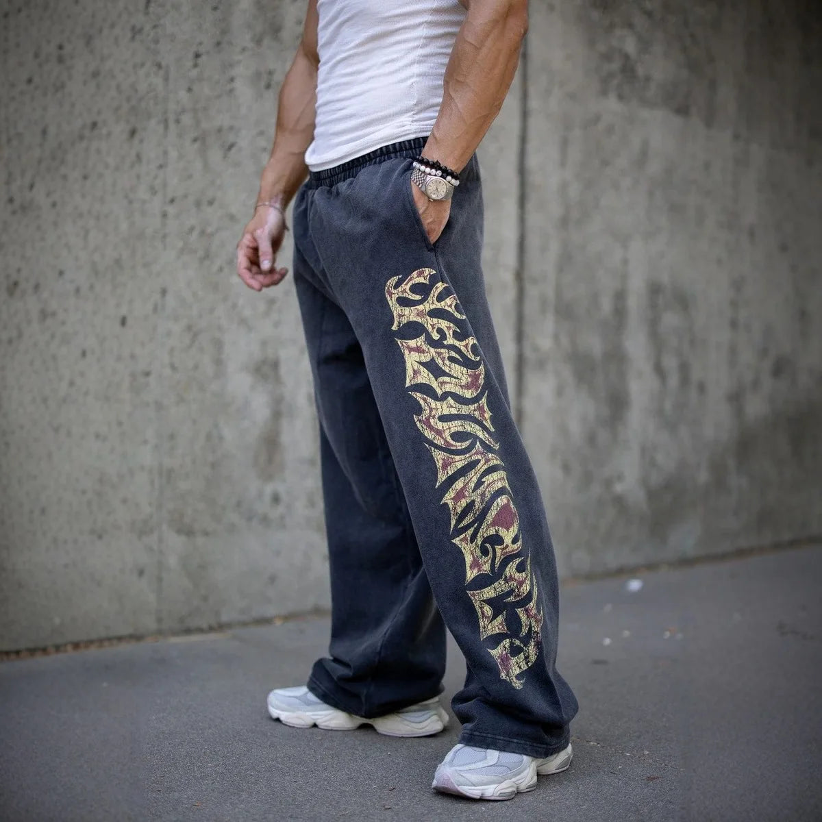 YOUNGLA American streetwear brand men's sports pants, gym and fitness loose straight print casual trousers