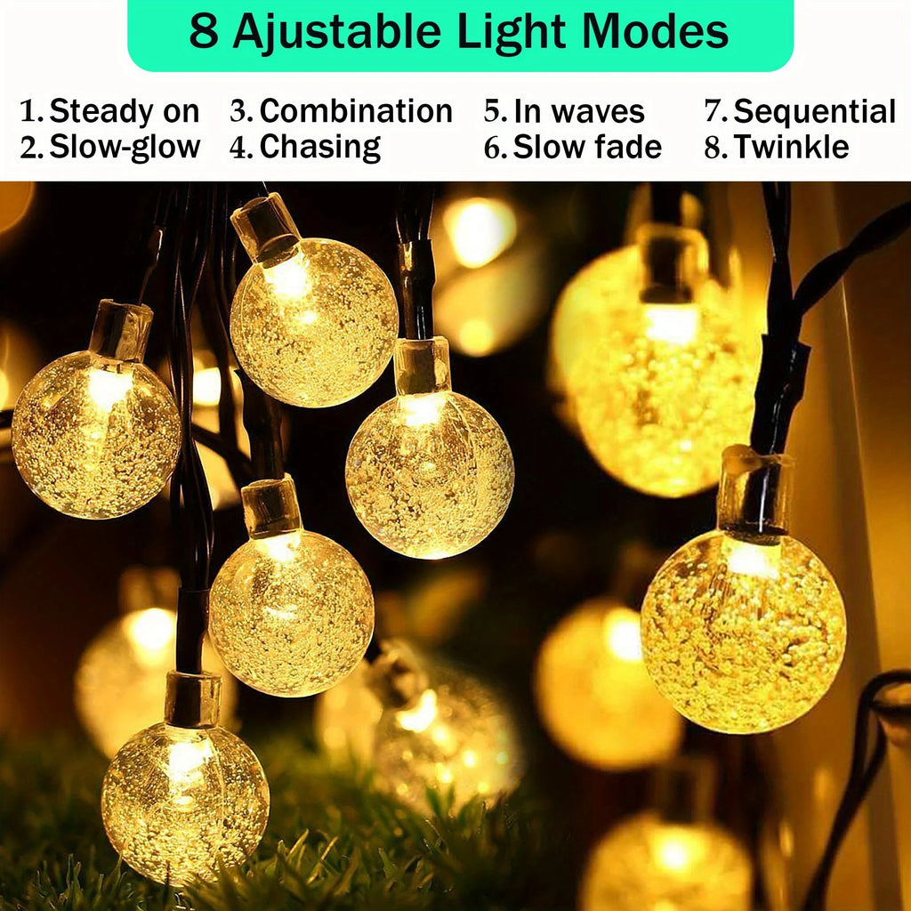 Solar Christmas Crystal Globe String Lights Waterproof LED Fairy Lamps with 8 Modes for Outdoor Garden Pathway Patio Decoration