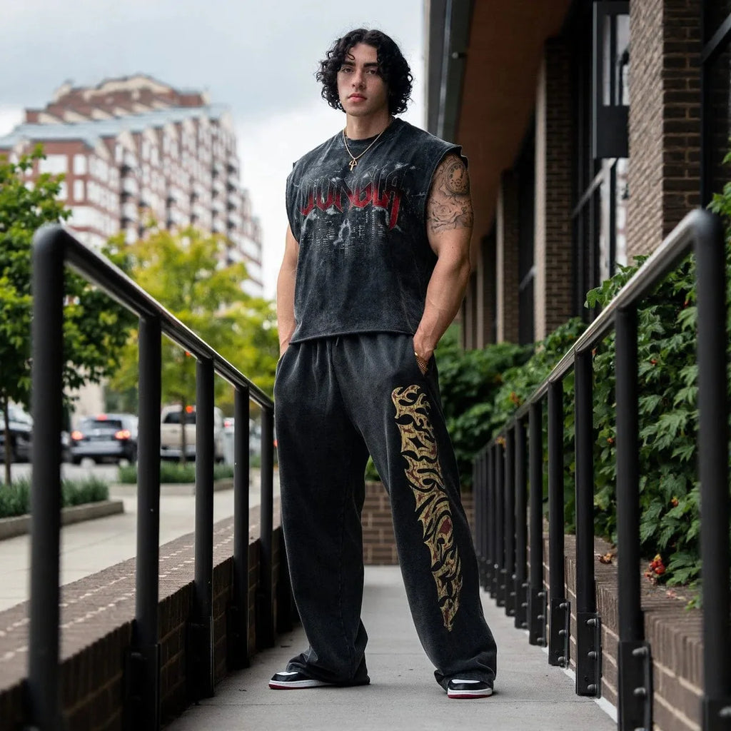 YOUNGLA American streetwear brand men's sports pants, gym and fitness loose straight print casual trousers