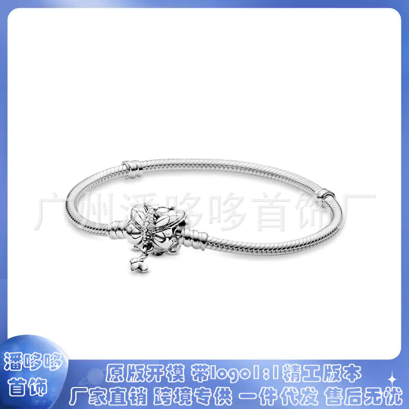 Pandora 925 Silver Rose Gold Heart Charm Bracelet DIY